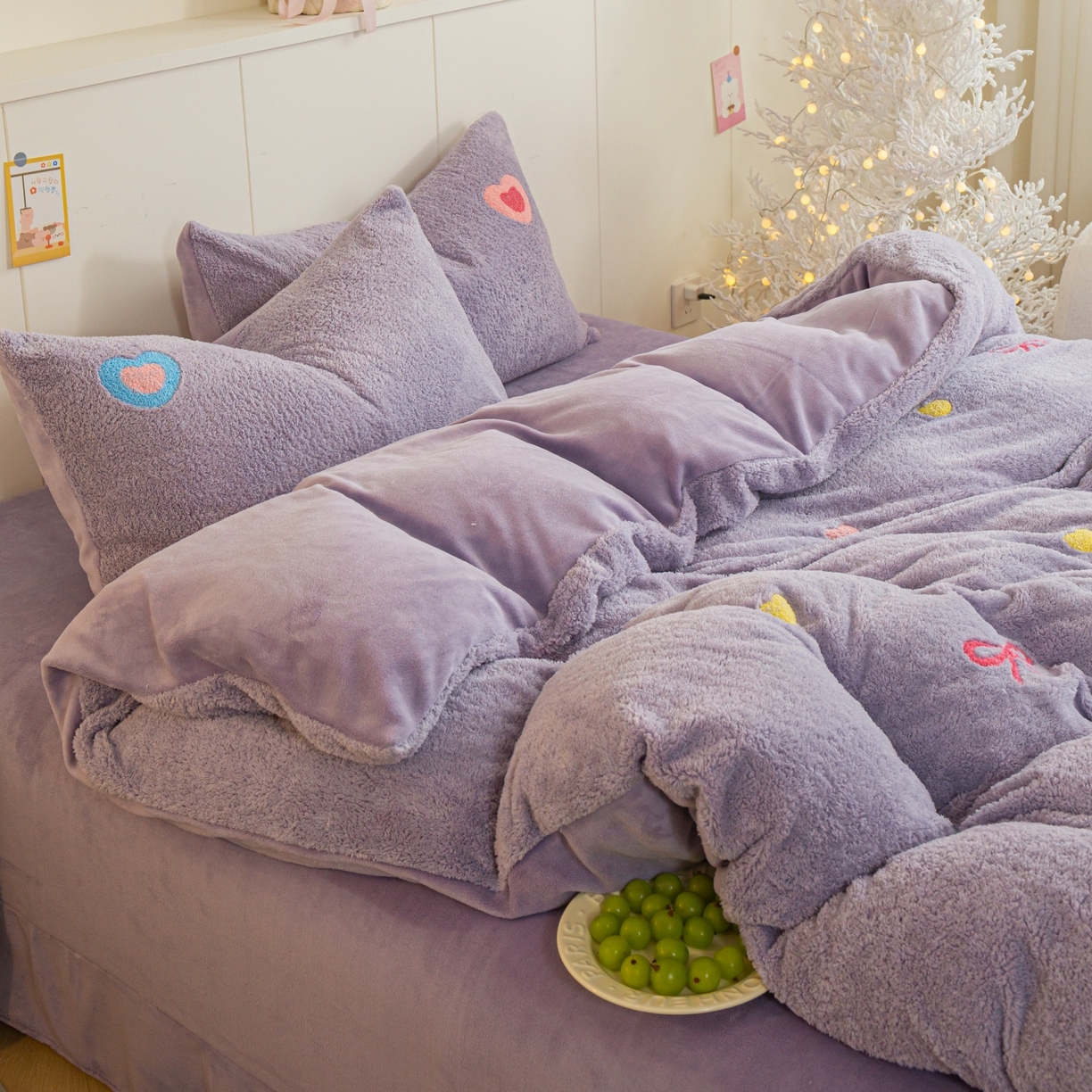 91家纺网 家纺一手货源 找家纺 庭笙 2025新款高克重泰迪绒毛巾刺绣牛奶绒四件套 爱心-紫