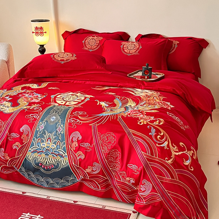 91家纺网 家纺一手货源 找家纺 置顶家纺 2025新款亲肤磨毛刺绣婚庆四件套系列-实拍 盛世龙凤-大红