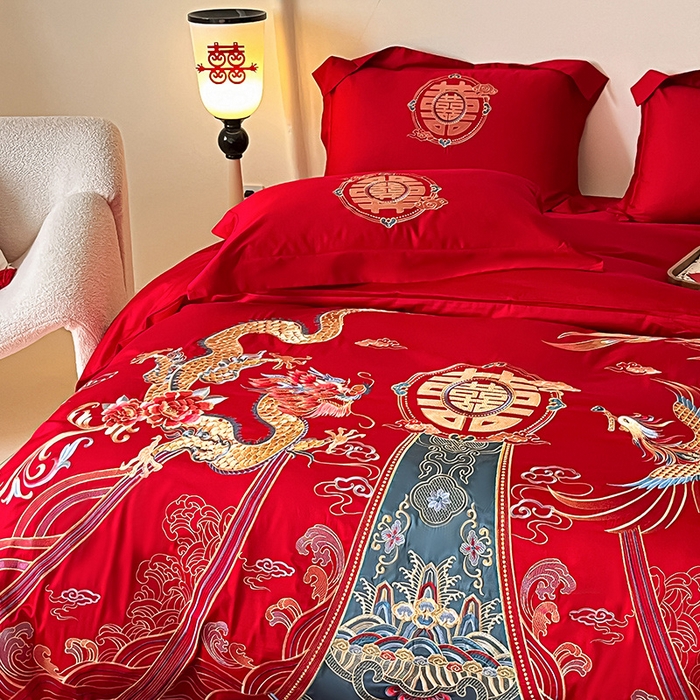 91家纺网 家纺一手货源 找家纺 置顶家纺 2025新款亲肤磨毛刺绣婚庆四件套系列-实拍 盛世龙凤-大红