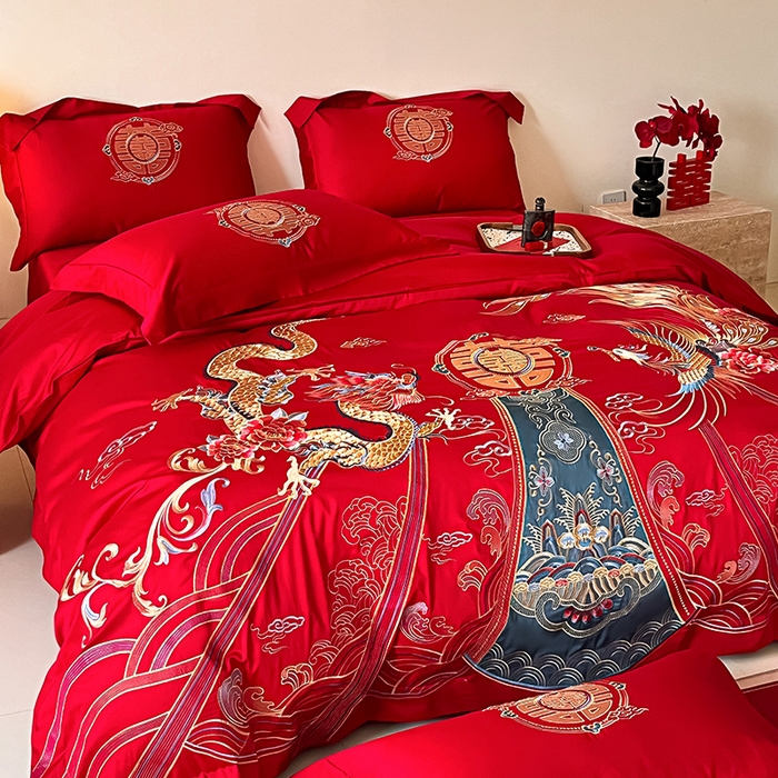 91家纺网 家纺一手货源 找家纺 置顶家纺 2025新款亲肤磨毛刺绣婚庆四件套系列-实拍 盛世龙凤-大红