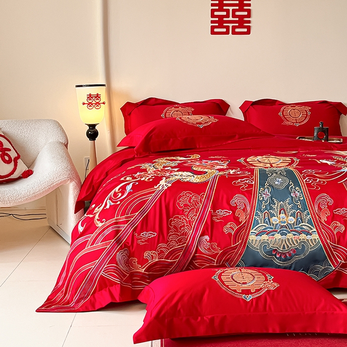 91家纺网 家纺一手货源 找家纺 置顶家纺 2025新款亲肤磨毛刺绣婚庆四件套系列-实拍 盛世龙凤-大红