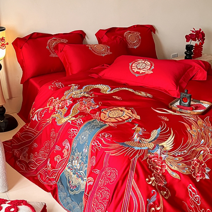 91家纺网 家纺一手货源 找家纺 置顶家纺 2025新款亲肤磨毛刺绣婚庆四件套系列-实拍 盛世龙凤-大红