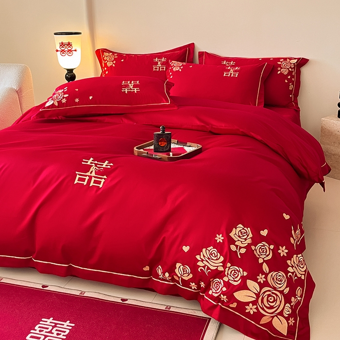 91家纺网 家纺一手货源 找家纺 置顶家纺 2025新款亲肤磨毛刺绣婚庆四件套系列-实拍 天生一对-大红