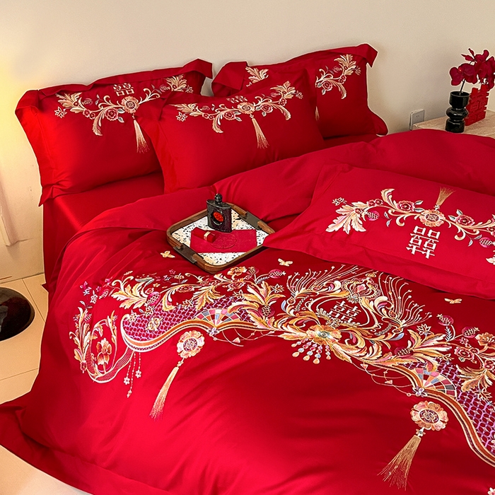 91家纺网 家纺一手货源 找家纺 置顶家纺 2025新款亲肤磨毛刺绣婚庆四件套系列-实拍 天作之合-大红