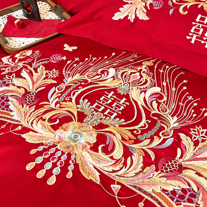 91家纺网 家纺一手货源 找家纺 置顶家纺 2025新款亲肤磨毛刺绣婚庆四件套系列-实拍 天作之合-大红