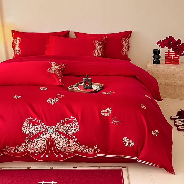 91家纺网 家纺一手货源 找家纺 置顶家纺 2025新款亲肤磨毛刺绣婚庆四件套系列-实拍 唯一-大红