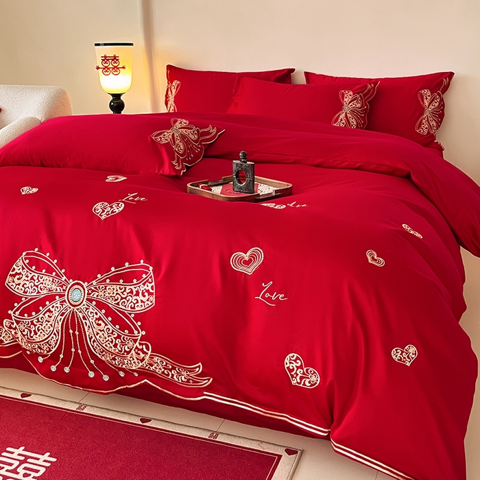 91家纺网 家纺一手货源 找家纺 置顶家纺 2025新款亲肤磨毛刺绣婚庆四件套系列-实拍 唯一-大红