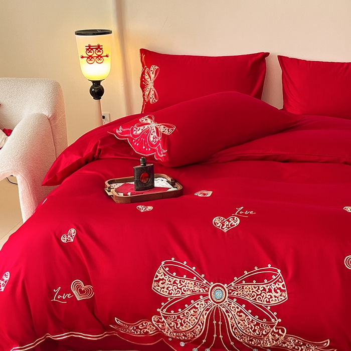 91家纺网 家纺一手货源 找家纺 置顶家纺 2025新款亲肤磨毛刺绣婚庆四件套系列-实拍 唯一-大红