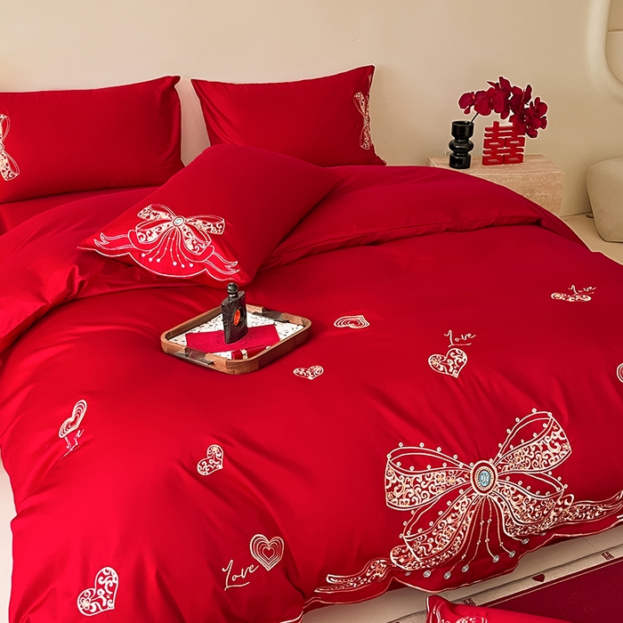 91家纺网 家纺一手货源 找家纺 置顶家纺 2025新款亲肤磨毛刺绣婚庆四件套系列-实拍 唯一-大红