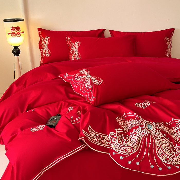 91家纺网 家纺一手货源 找家纺 置顶家纺 2025新款亲肤磨毛刺绣婚庆四件套系列-实拍 唯一-大红