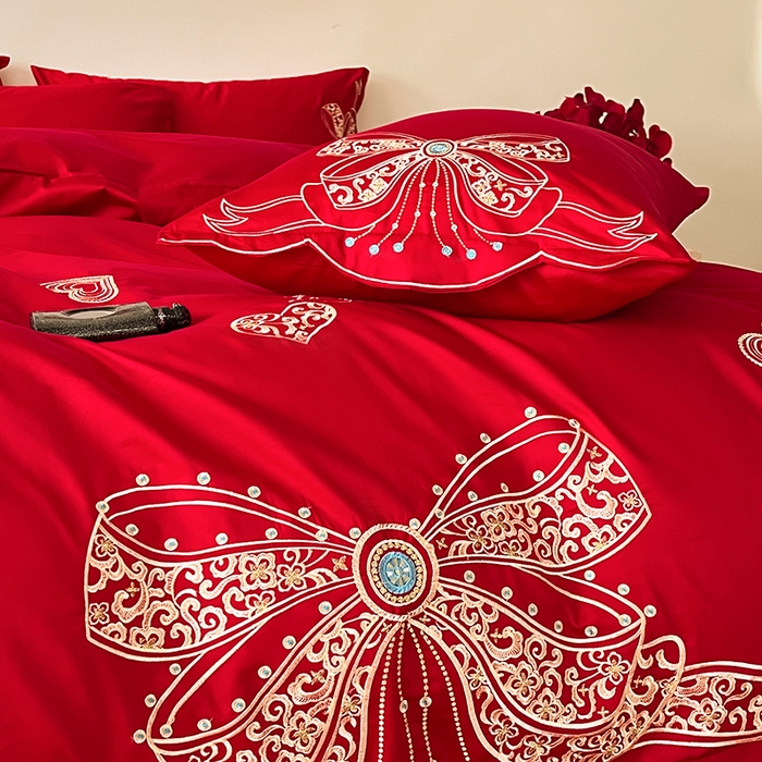 91家纺网 家纺一手货源 找家纺 置顶家纺 2025新款亲肤磨毛刺绣婚庆四件套系列-实拍 唯一-大红