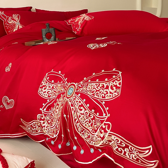 91家纺网 家纺一手货源 找家纺 置顶家纺 2025新款亲肤磨毛刺绣婚庆四件套系列-实拍 唯一-大红