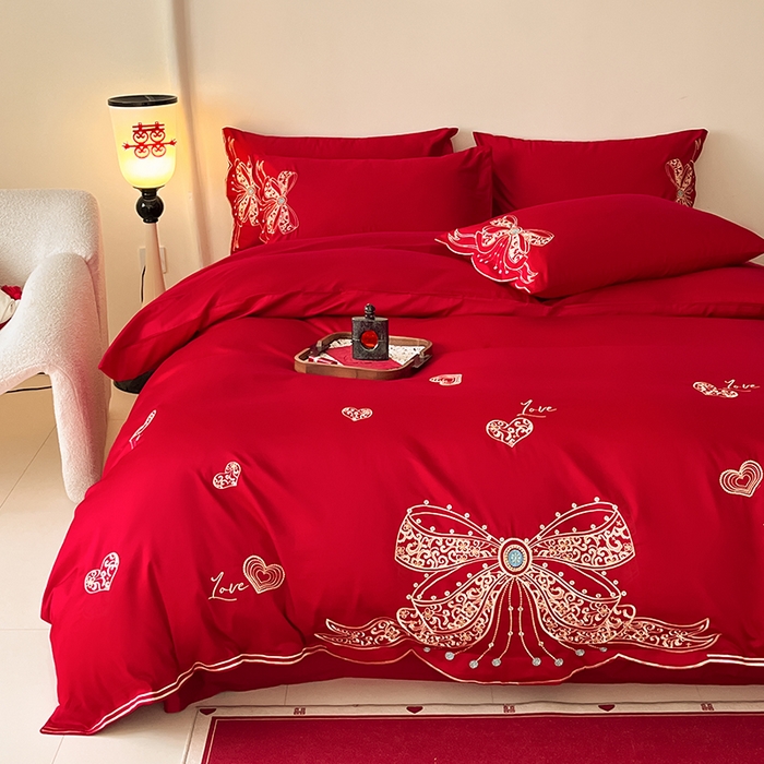 91家纺网 家纺一手货源 找家纺 置顶家纺 2025新款亲肤磨毛刺绣婚庆四件套系列-实拍 唯一-大红