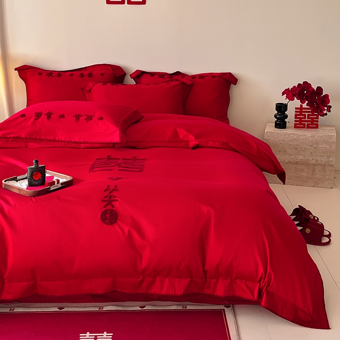 91家纺网 家纺一手货源 找家纺 置顶家纺 2025新款亲肤磨毛刺绣婚庆四件套系列-实拍 喜从天降-大红