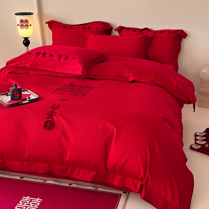 91家纺网 家纺一手货源 找家纺 置顶家纺 2025新款亲肤磨毛刺绣婚庆四件套系列-实拍 喜从天降-大红