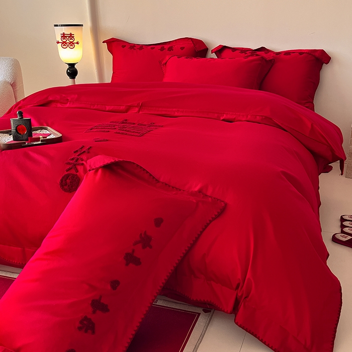 91家纺网 家纺一手货源 找家纺 置顶家纺 2025新款亲肤磨毛刺绣婚庆四件套系列-实拍 喜从天降-大红