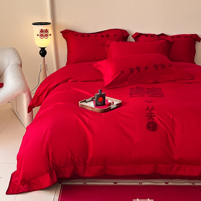 91家纺网 家纺一手货源 找家纺 置顶家纺 2025新款亲肤磨毛刺绣婚庆四件套系列-实拍 喜从天降-大红