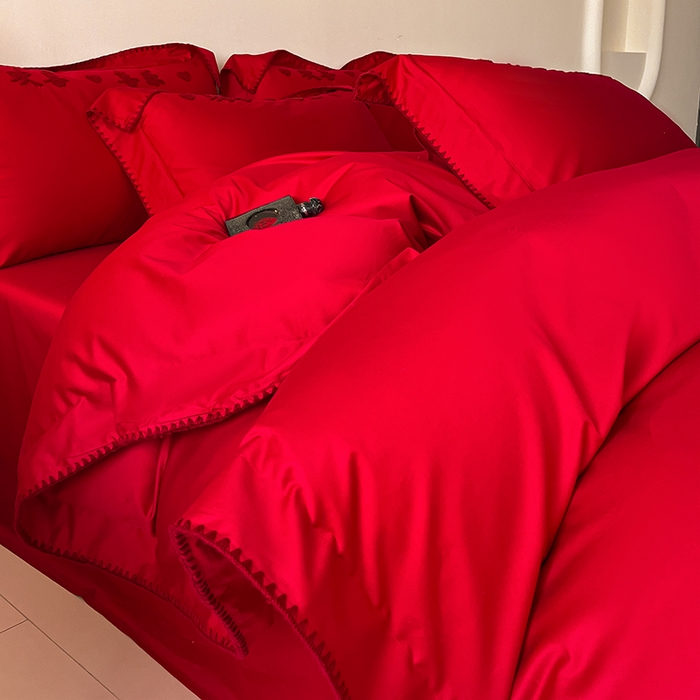 91家纺网 家纺一手货源 找家纺 置顶家纺 2025新款亲肤磨毛刺绣婚庆四件套系列-实拍 喜从天降-大红