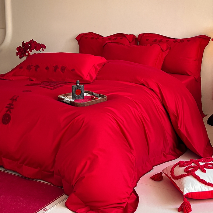 91家纺网 家纺一手货源 找家纺 置顶家纺 2025新款亲肤磨毛刺绣婚庆四件套系列-实拍 喜从天降-大红