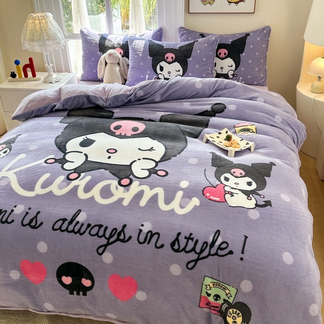 91家纺网 家纺一手货源 找家纺 一电 2025新款双面牛奶绒被套单件150x200儿童加厚法兰珊瑚绒被罩200x230冬季-第三批 圆点库洛米