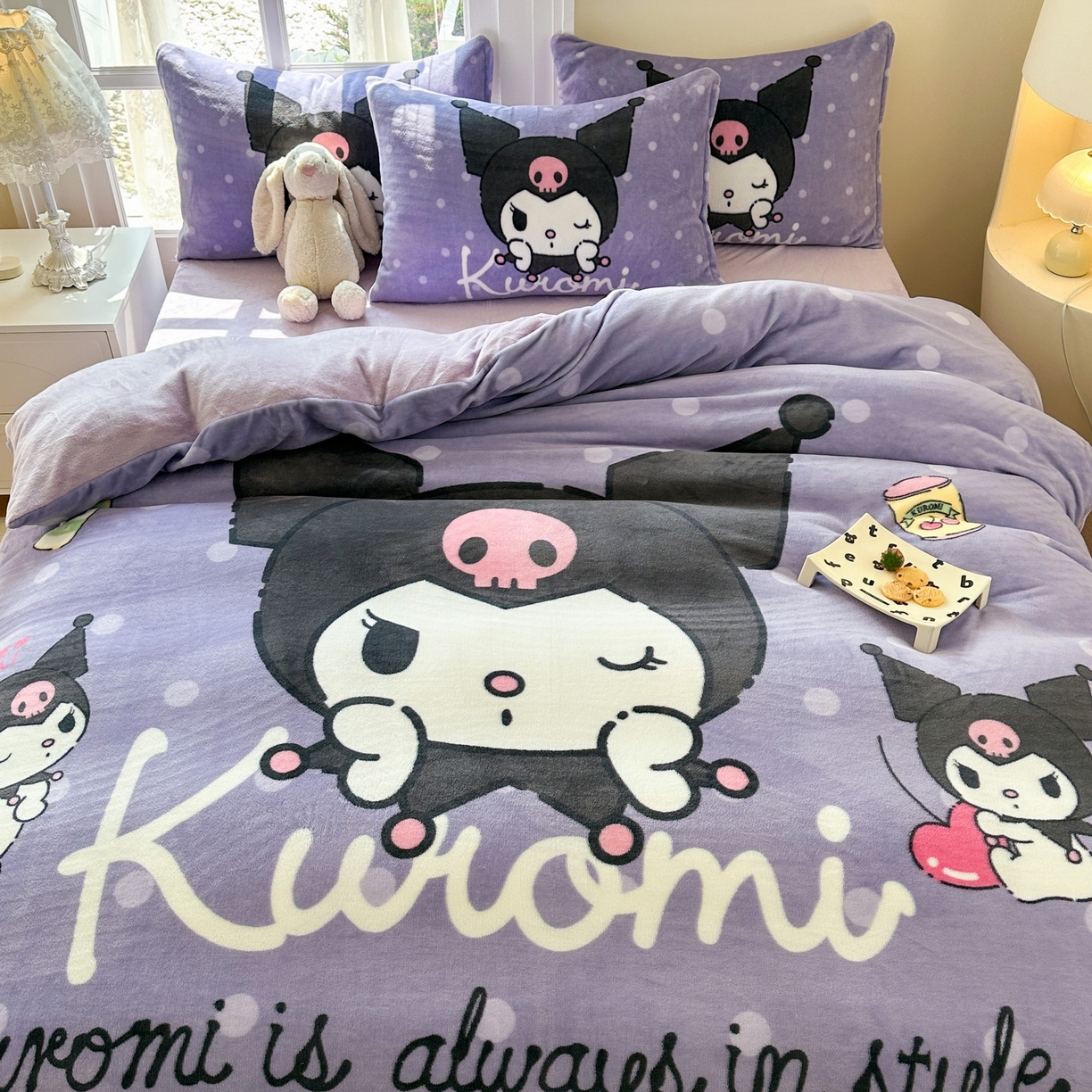 91家纺网 家纺一手货源 找家纺 一电 2025新款双面牛奶绒被套单件150x200儿童加厚法兰珊瑚绒被罩200x230冬季-第三批 圆点库洛米