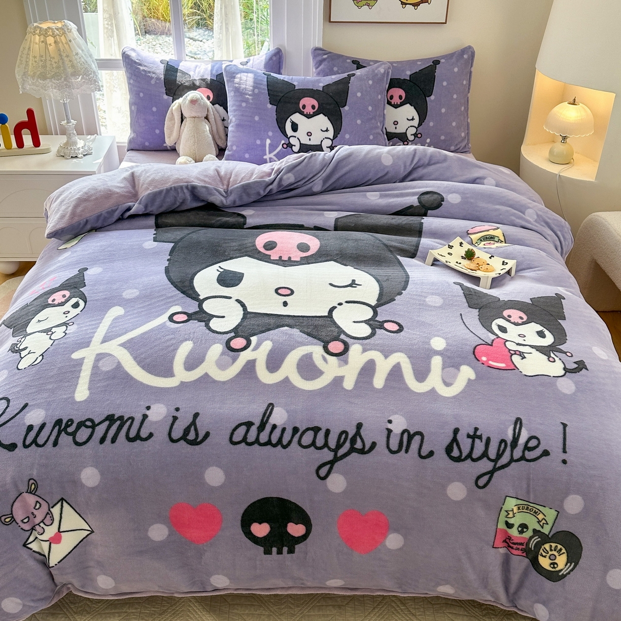 91家纺网 家纺一手货源 找家纺 一电 2025新款双面牛奶绒被套单件150x200儿童加厚法兰珊瑚绒被罩200x230冬季-第三批 圆点库洛米