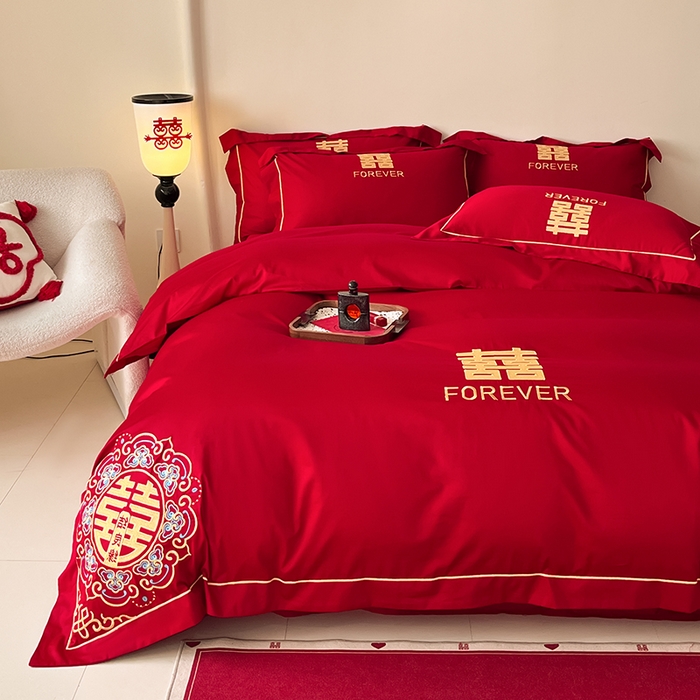 91家纺网 家纺一手货源 找家纺 置顶家纺 2025新款亲肤磨毛刺绣婚庆四件套系列-实拍 喜结良缘升级版-大红