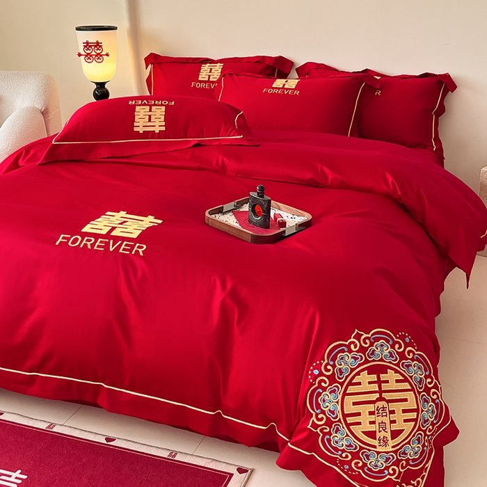 91家纺网 家纺一手货源 找家纺 置顶家纺 2025新款亲肤磨毛刺绣婚庆四件套系列-实拍 喜结良缘升级版-大红