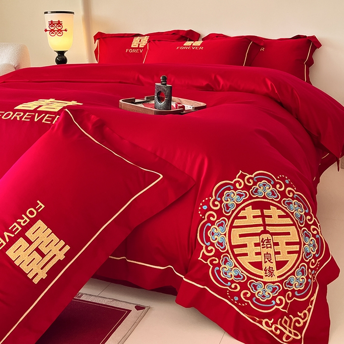 91家纺网 家纺一手货源 找家纺 置顶家纺 2025新款亲肤磨毛刺绣婚庆四件套系列-实拍 喜结良缘升级版-大红