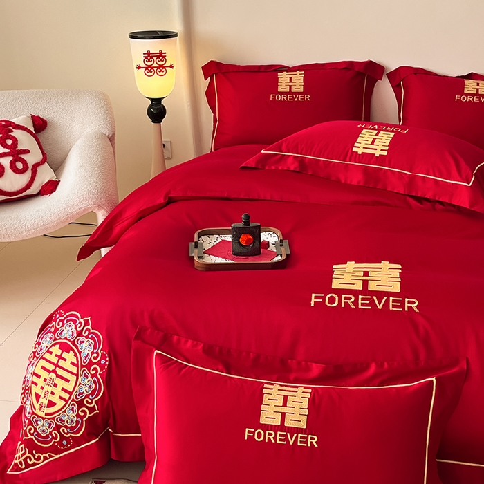 91家纺网 家纺一手货源 找家纺 置顶家纺 2025新款亲肤磨毛刺绣婚庆四件套系列-实拍 喜结良缘升级版-大红