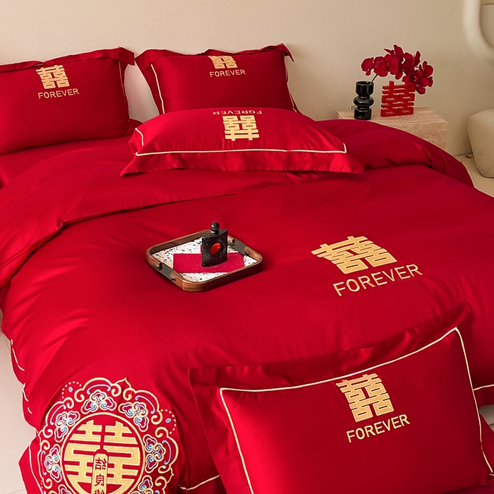 91家纺网 家纺一手货源 找家纺 置顶家纺 2025新款亲肤磨毛刺绣婚庆四件套系列-实拍 喜结良缘升级版-大红