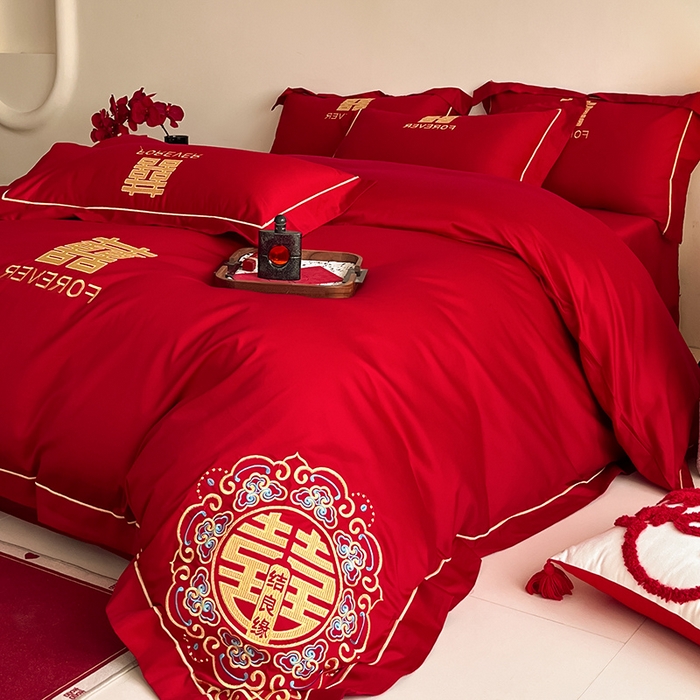 91家纺网 家纺一手货源 找家纺 置顶家纺 2025新款亲肤磨毛刺绣婚庆四件套系列-实拍 喜结良缘升级版-大红