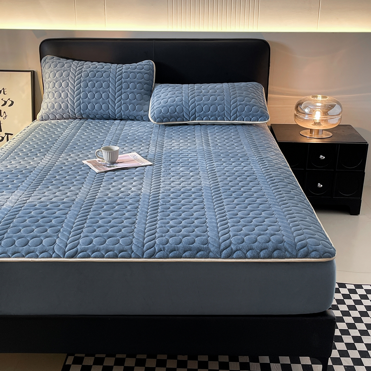 91家纺网 家纺一手货源 找家纺 希廷顿 2025新款速热水晶绒床笠 宾利蓝