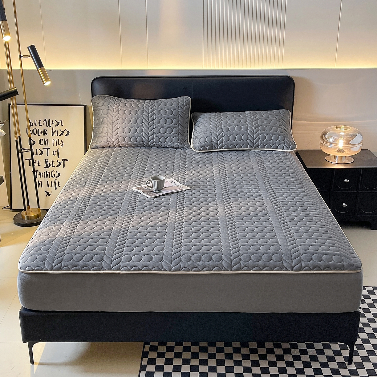 91家纺网 家纺一手货源 找家纺 希廷顿 2025新款速热水晶绒床笠 高级灰