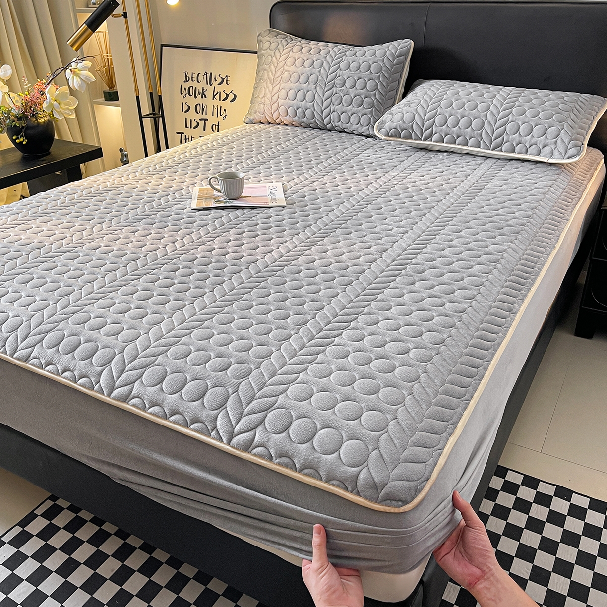 91家纺网 家纺一手货源 找家纺 希廷顿 2025新款速热水晶绒床笠 绅士灰