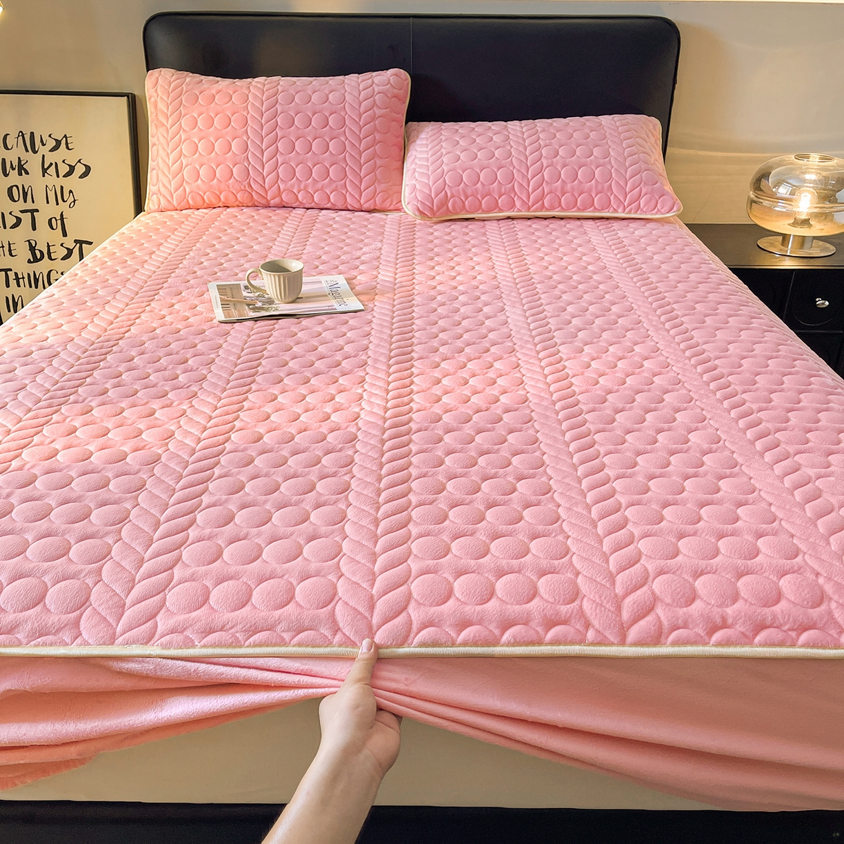 91家纺网 家纺一手货源 找家纺 希廷顿 2025新款速热水晶绒床笠 粉玉色