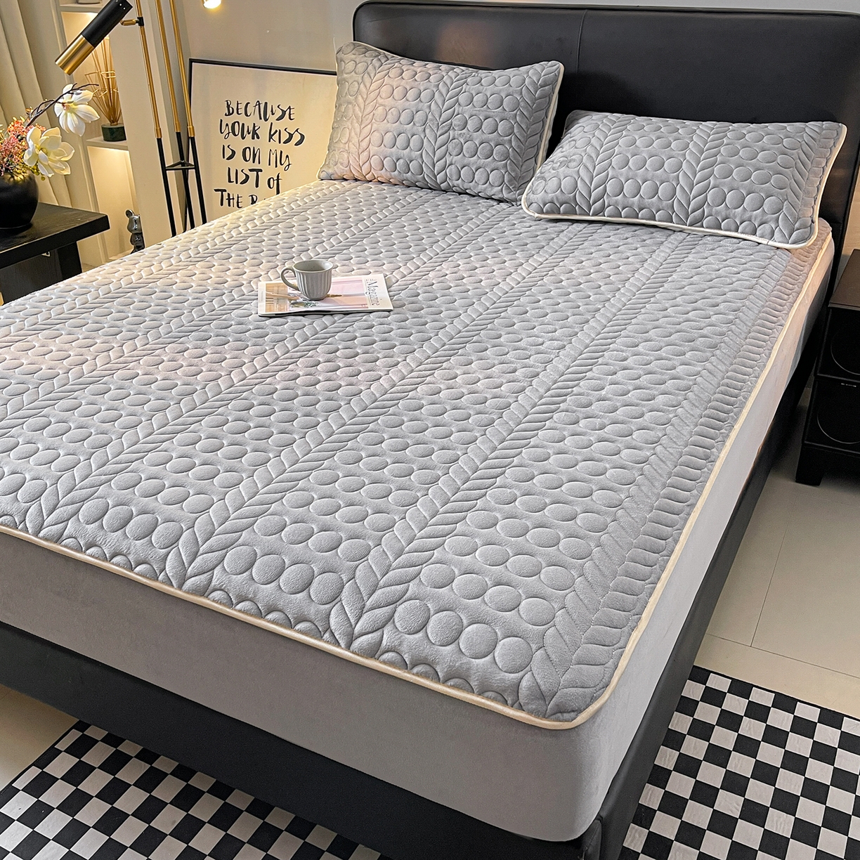 91家纺网 家纺一手货源 找家纺 希廷顿 2025新款速热水晶绒床笠 绅士灰