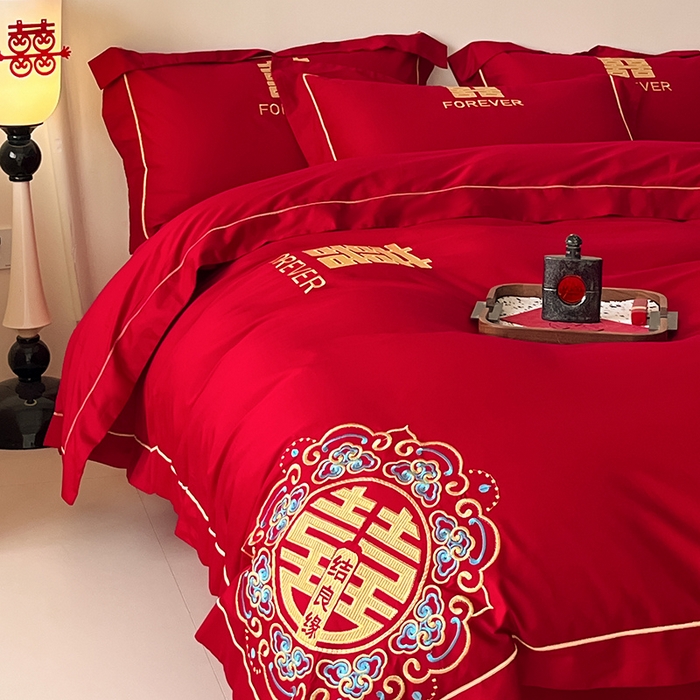 91家纺网 家纺一手货源 找家纺 置顶家纺 2025新款亲肤磨毛刺绣婚庆四件套系列-实拍 喜结良缘升级版-大红