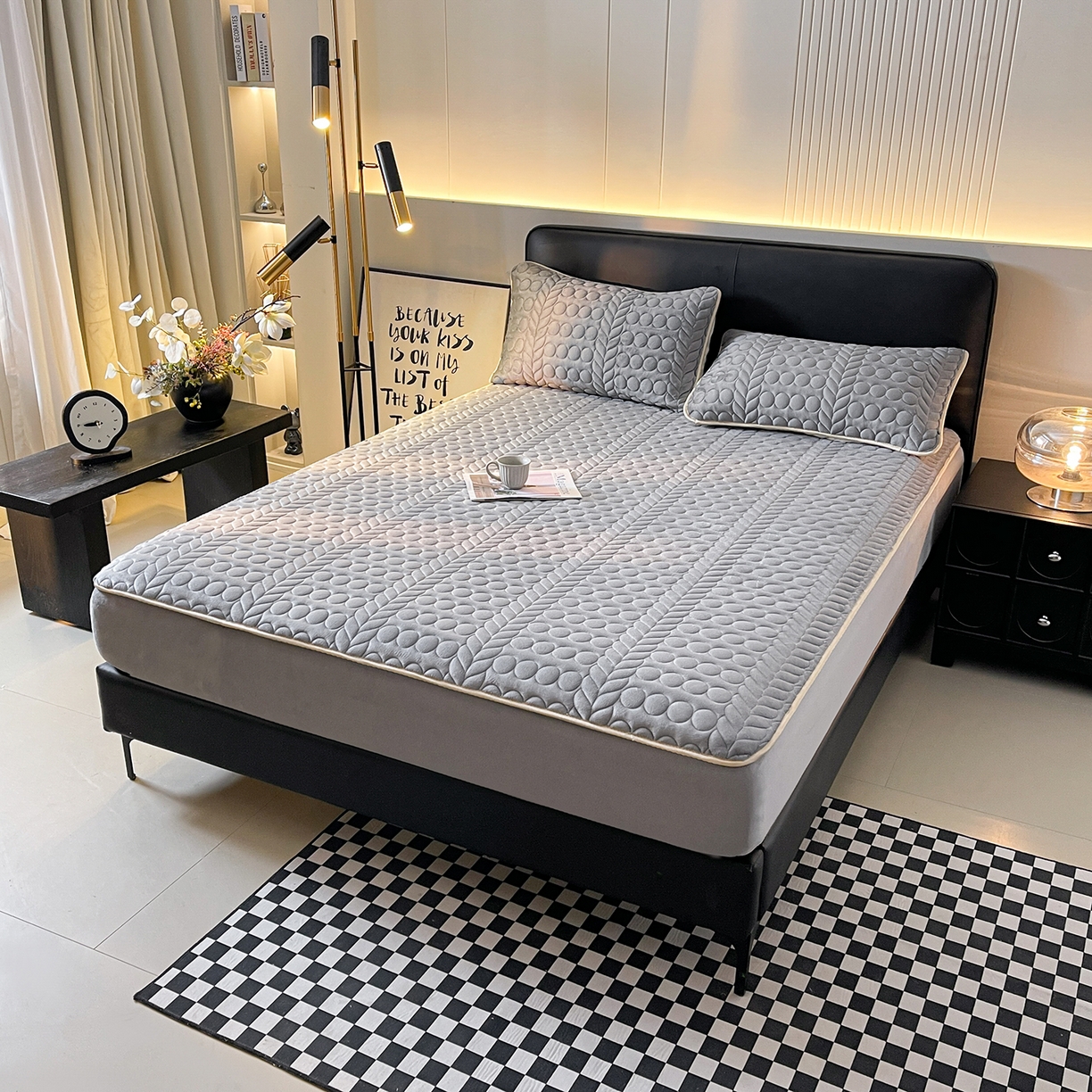 91家纺网 家纺一手货源 找家纺 希廷顿 2025新款速热水晶绒床笠 绅士灰