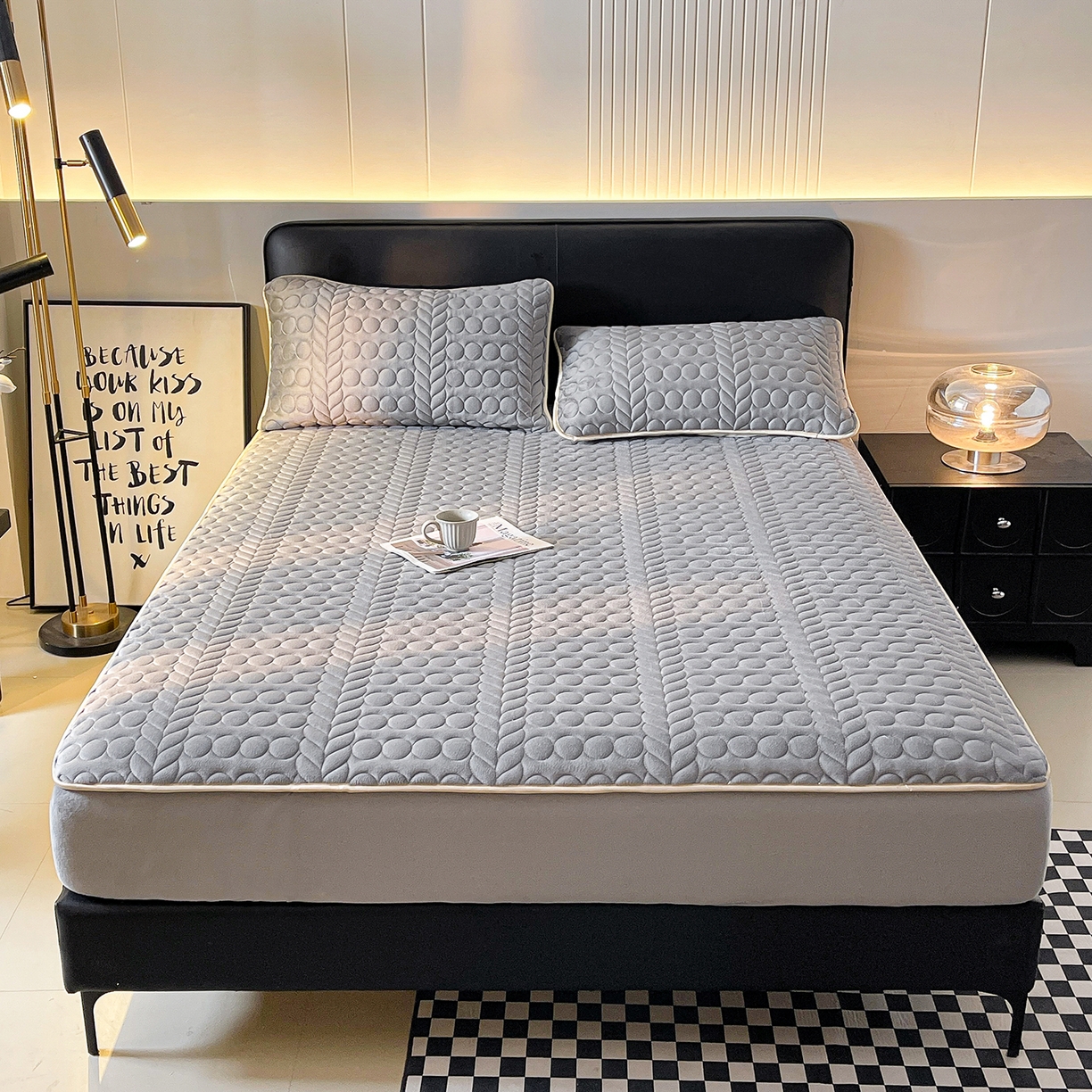 91家纺网 家纺一手货源 找家纺 希廷顿 2025新款速热水晶绒床笠 绅士灰