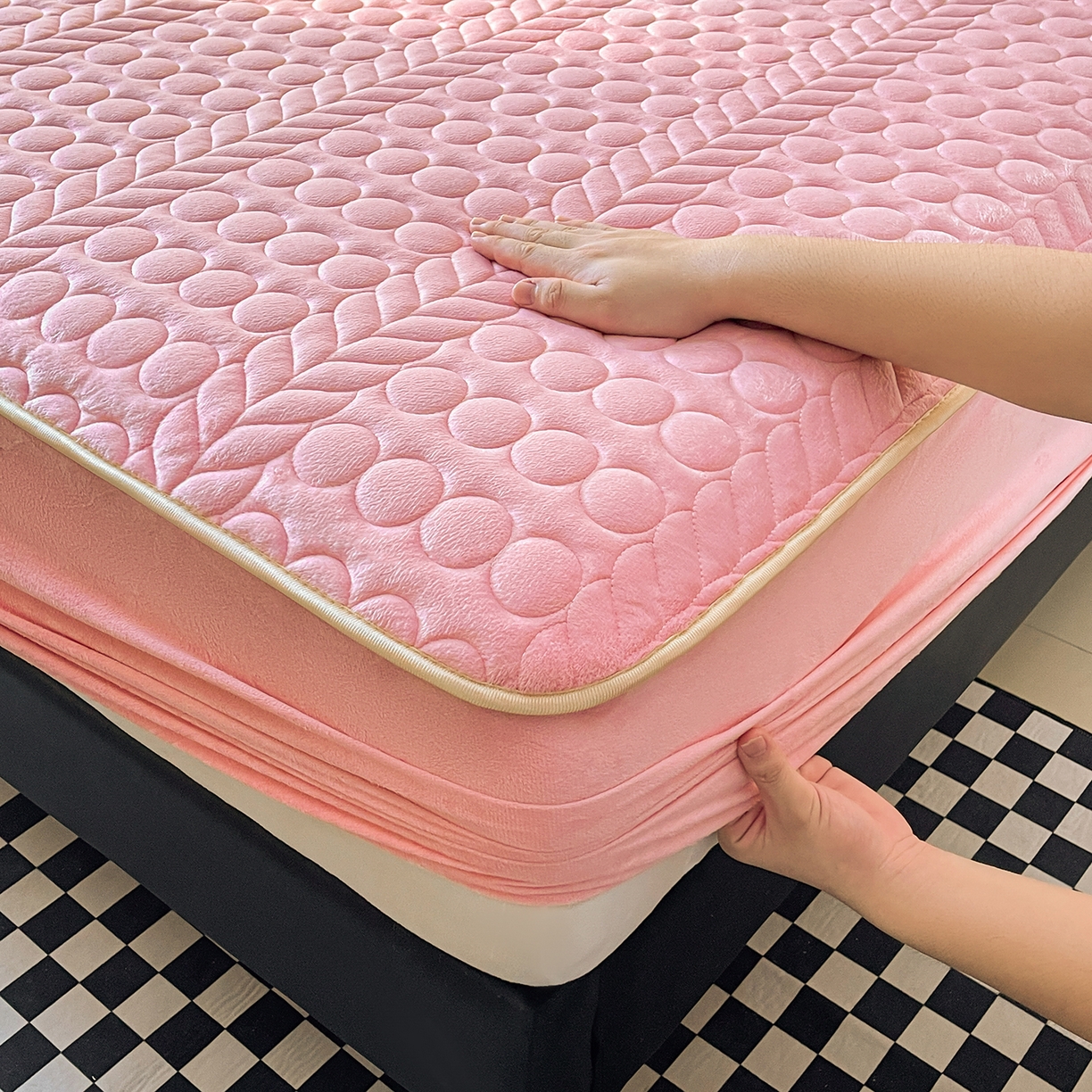 91家纺网 家纺一手货源 找家纺 希廷顿 2025新款速热水晶绒床笠 粉玉色