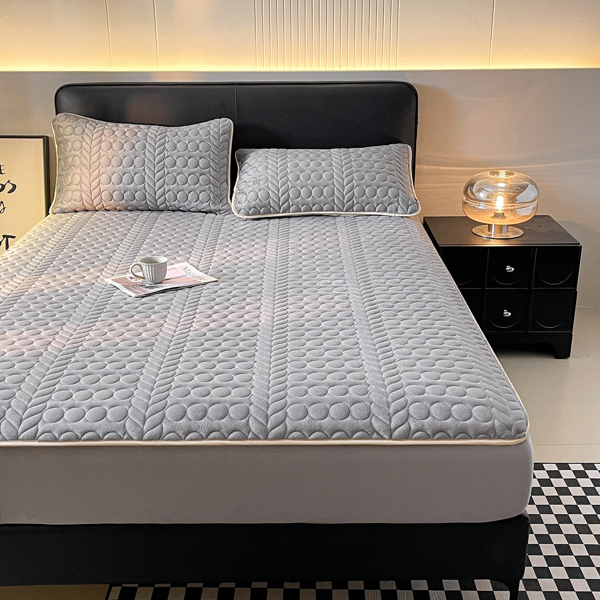 91家纺网 家纺一手货源 找家纺 希廷顿 2025新款速热水晶绒床笠 绅士灰