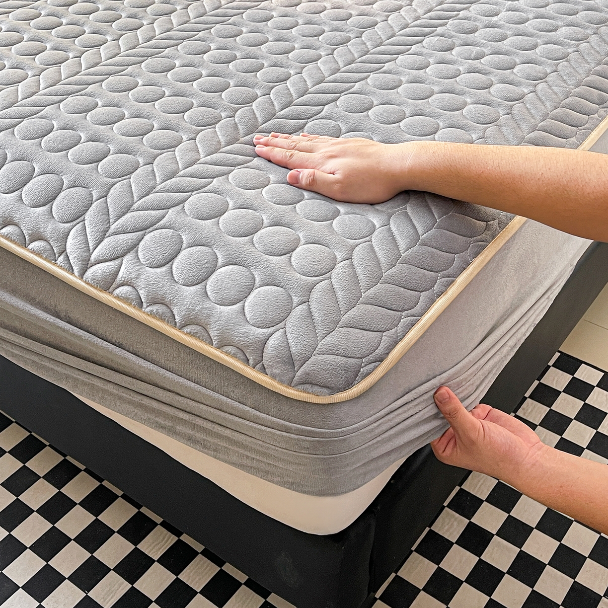 91家纺网 家纺一手货源 找家纺 希廷顿 2025新款速热水晶绒床笠 绅士灰