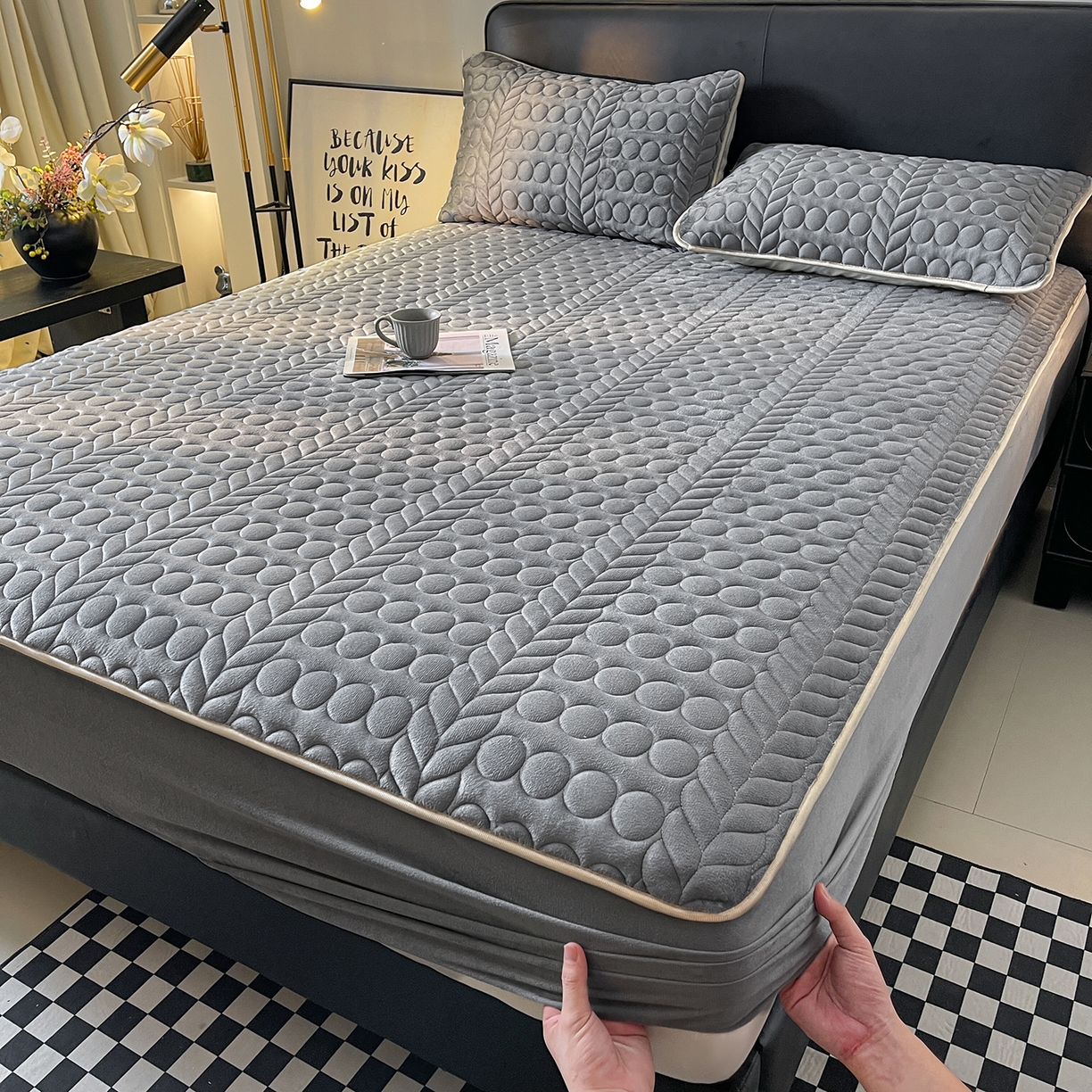 91家纺网 家纺一手货源 找家纺 希廷顿 2025新款速热水晶绒床笠 高级灰