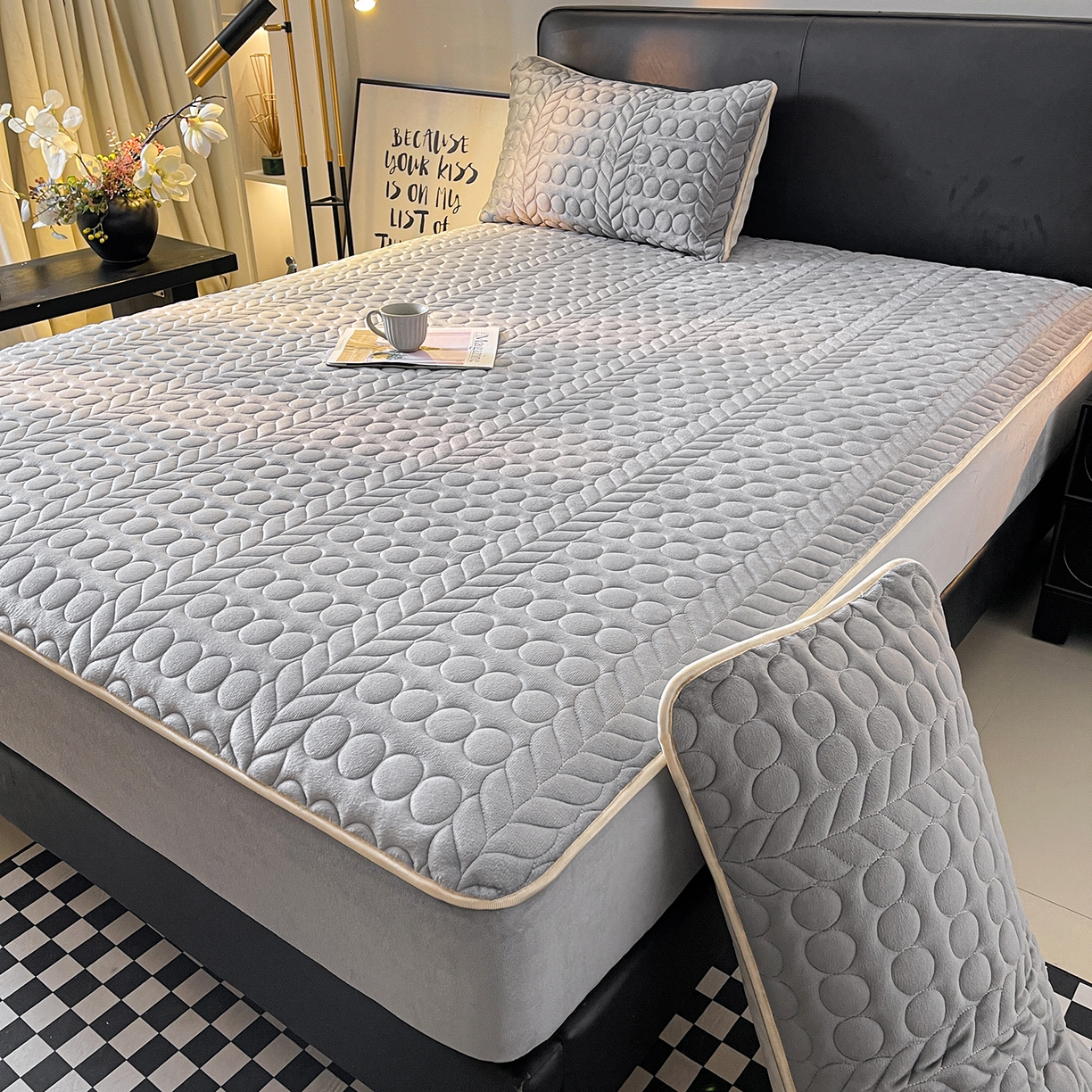 91家纺网 家纺一手货源 找家纺 希廷顿 2025新款速热水晶绒床笠 绅士灰