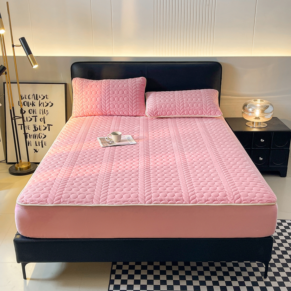 91家纺网 家纺一手货源 找家纺 希廷顿 2025新款速热水晶绒床笠 粉玉色