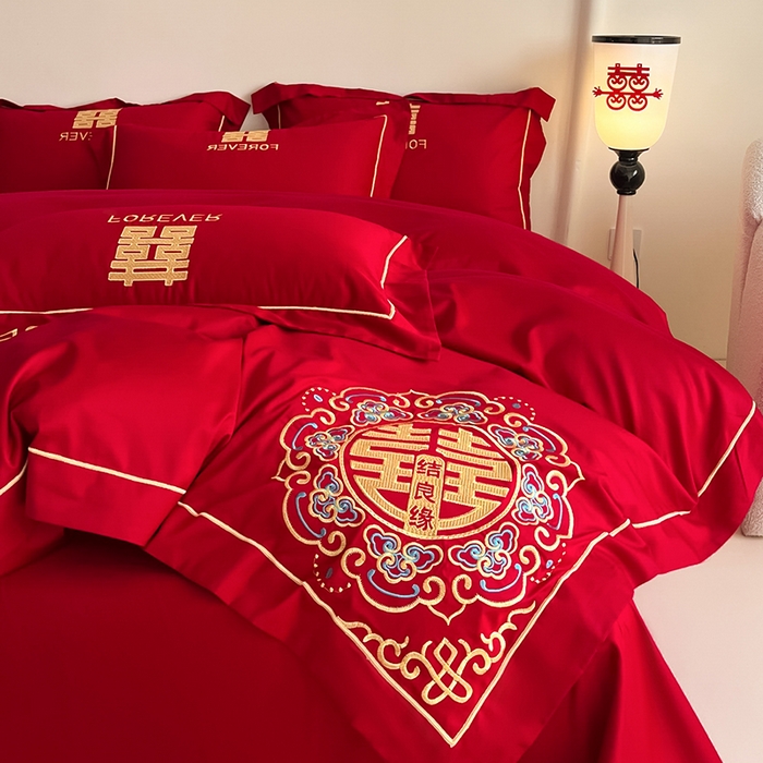 91家纺网 家纺一手货源 找家纺 置顶家纺 2025新款亲肤磨毛刺绣婚庆四件套系列-实拍 喜结良缘升级版-大红