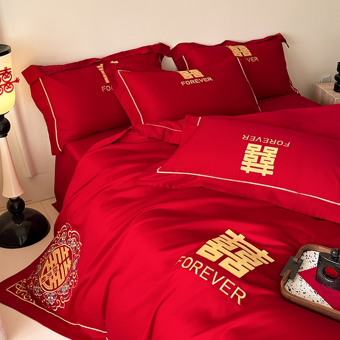 91家纺网 家纺一手货源 找家纺 置顶家纺 2025新款亲肤磨毛刺绣婚庆四件套系列-实拍 喜结良缘升级版-大红