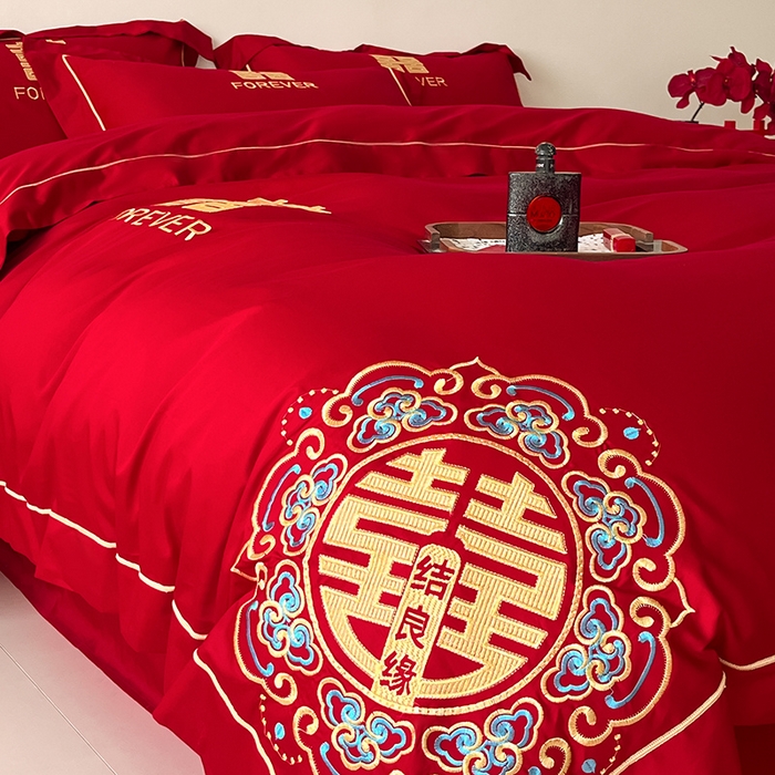 91家纺网 家纺一手货源 找家纺 置顶家纺 2025新款亲肤磨毛刺绣婚庆四件套系列-实拍 喜结良缘升级版-大红