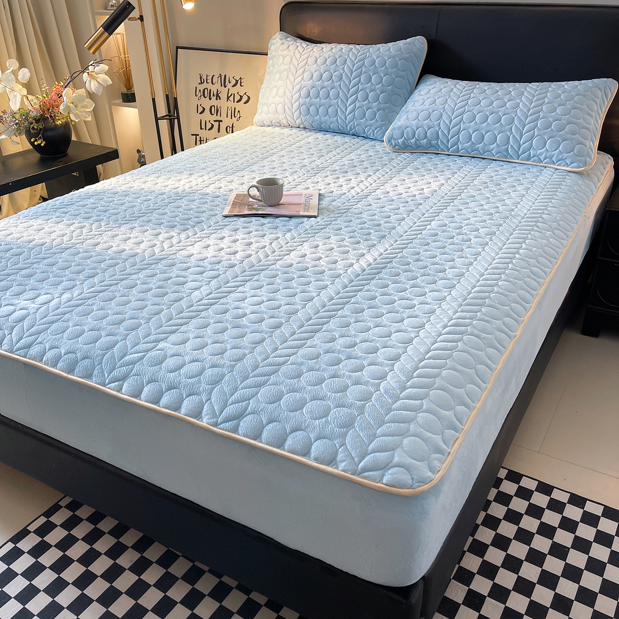 91家纺网 家纺一手货源 找家纺 希廷顿 2025新款速热水晶绒床笠 天空蓝